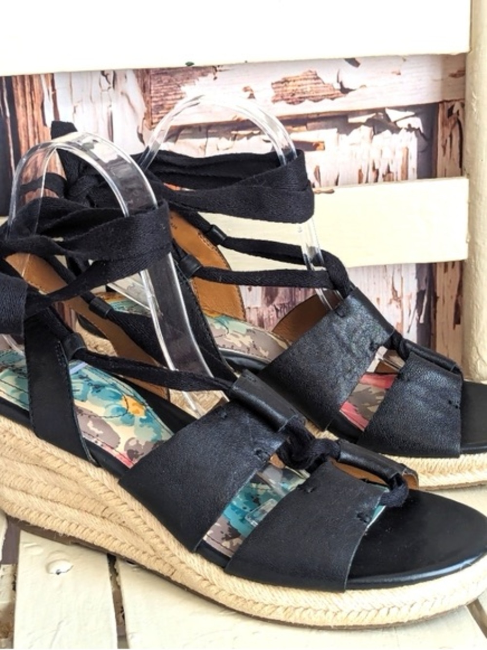 Patricia Nash Black Espadrille Wedge Sandals with Ankle Wrap